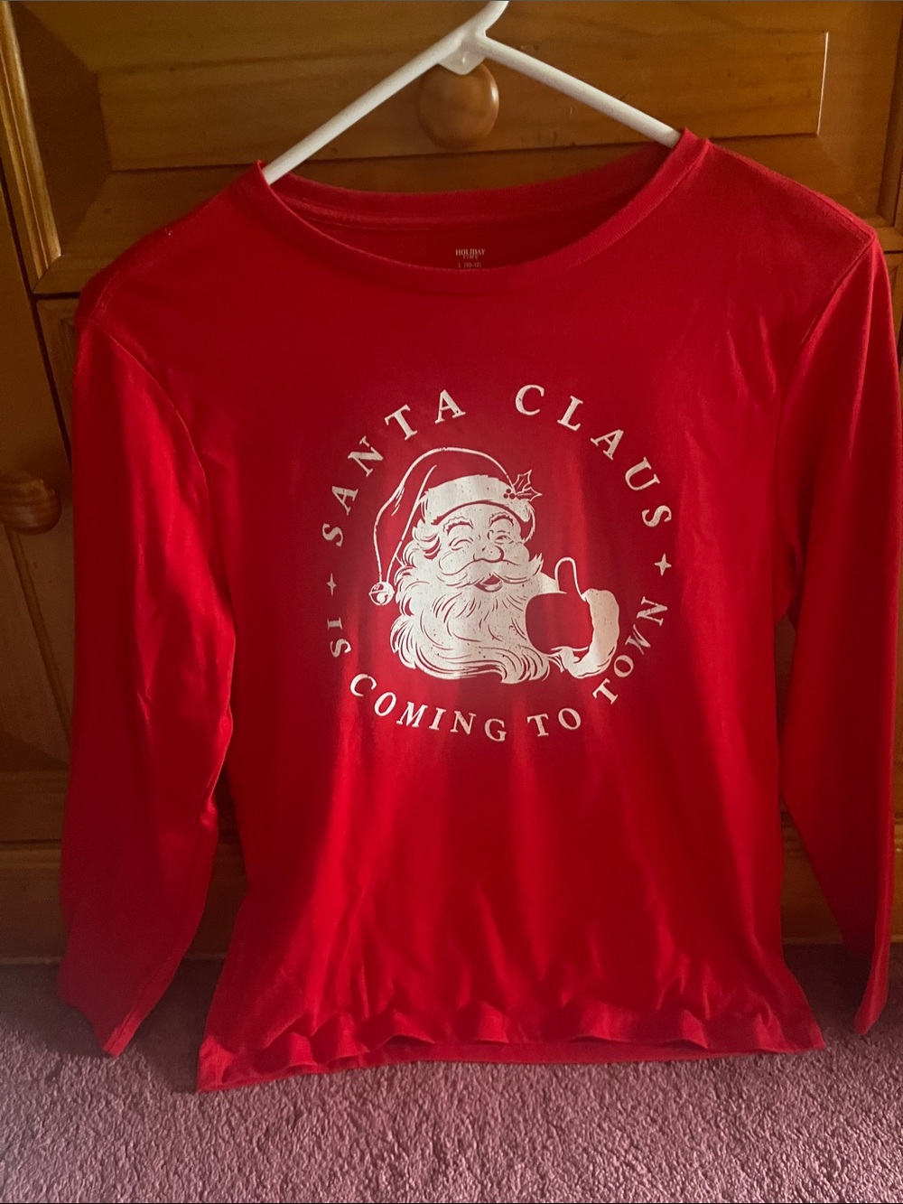 Red 'Santa Claus Coming to Town' Holiday Long Sleeve Shirt BOYS Size 10-12 Husky